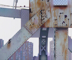 View From The Roosevelt Island Tram, 2003, Gouache on watercolor paper mounted on wood, 5” x 19” View From The Roosevelt Island Tram